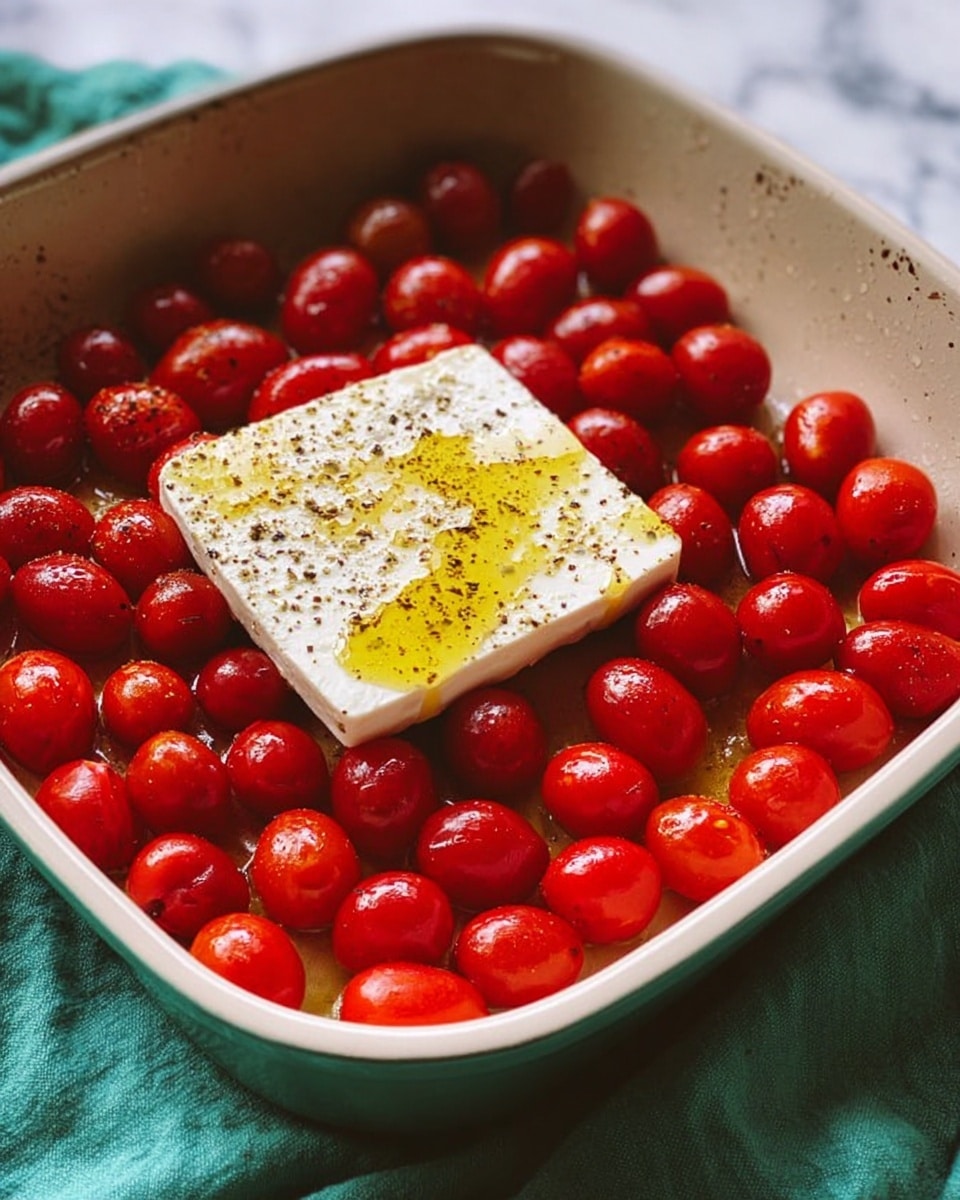 A white dish filled with many shiny, bright red cherry tomatoes spread evenly all over the bottom layer. On top in the middle, there is one thick, square block of white cheese which is drizzled with a layer of golden olive oil and sprinkled with black pepper. The dish is placed on a green cloth, and the background is a white marbled texture. photo taken with an iphone --ar 4:5 --v 7