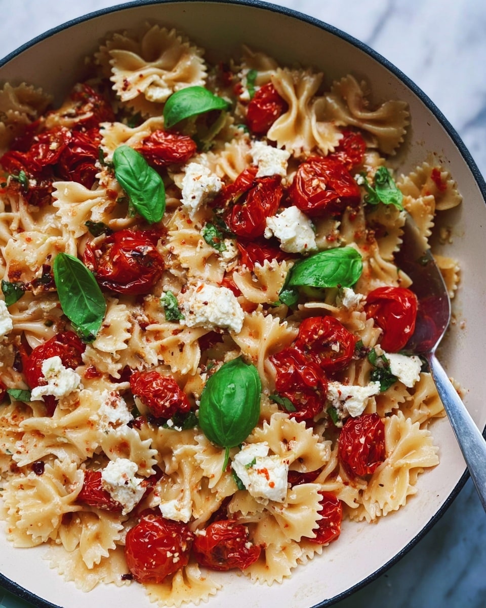 A white pan filled with one layer of cooked farfalle pasta, light golden in color with slightly crisp edges, mixed evenly with bright red roasted cherry tomatoes that have a wrinkled texture, and chunks of creamy white cheese scattered throughout. Fresh green basil leaves are placed on top, adding a touch of vibrant color and freshness. The background is a white marbled surface, and a metal spatula rests on the edge of the pan. Photo taken with an iphone --ar 4:5 --v 7