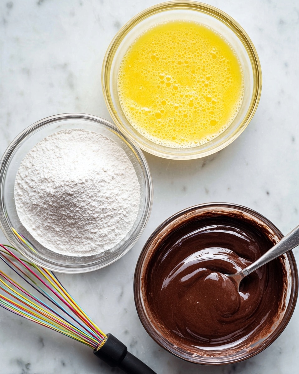 Three clear glass bowls are placed on a white marbled surface, arranged in a triangle. The top right bowl contains a smooth dark brown chocolate mixture with a spoon inside it showing shiny textures. The bottom right bowl holds fine white powdered sugar evenly spread out. The top left bowl is filled with a yellow beaten egg mix with small bubbles on the surface. A colorful whisk with a black handle lies on the left side, partly under the bottom left bowl. photo taken with an iphone --ar 4:5 --v 7