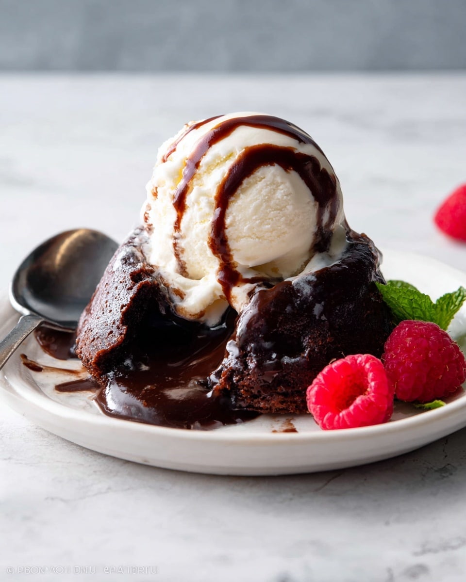 A white plate on a white marbled surface holds a rich, dark chocolate molten lava cake with a gooey center flowing slightly onto the plate. On top sits a scoop of creamy vanilla ice cream with smooth texture, drizzled with dark chocolate sauce creating a shiny contrast. Three fresh red raspberries with small green leaves are placed to the right of the cake, and a single raspberry is near the front left. A silver spoon rests behind the cake, partially on the plate, adding a reflective element. photo taken with an iphone --ar 4:5 --v 7