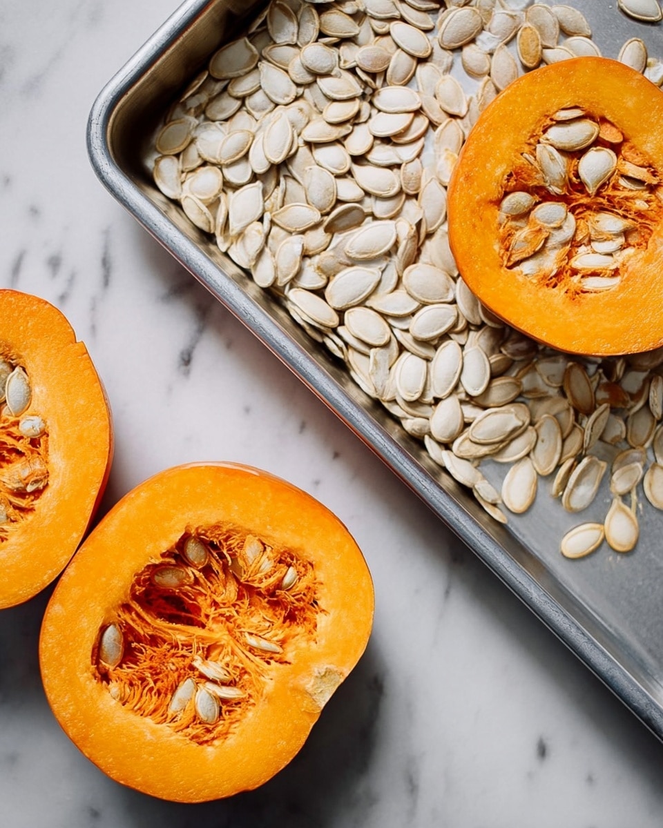 The image shows two halves of a bright orange pumpkin with rough, fibrous texture in the middle, filled with white and pale yellow seeds attached to stringy pulp. Next to it, there is a silver baking tray filled with scattered white pumpkin seeds that have some light brown spots. Both items are placed on a white marbled surface that contrasts with the bright pumpkin and shiny tray. photo taken with an iphone --ar 4:5 --v 7