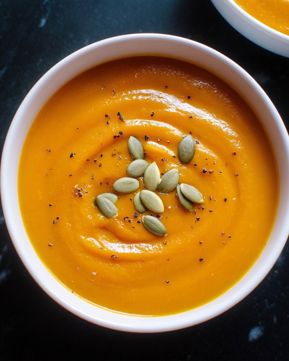 A white bowl filled with thick, smooth orange soup that has a shiny swirl pattern in the center. On top, there are light green pumpkin seeds scattered mostly on one side, with small black pepper specks spread over the seeds and soup. The bowl sits on a dark surface, but it should appear on a white marbled texture. Photo taken with an iphone --ar 4:5 --v 7