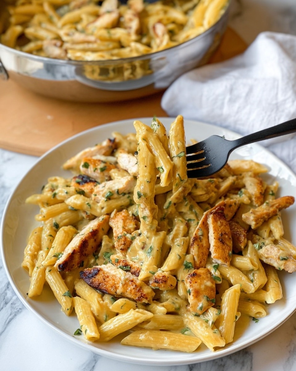 A white plate holds a creamy chicken pasta dish with two main layers: the base is golden-yellow penne pasta mixed with small green herb pieces, and the top layer consists of golden-brown grilled chicken strips scattered evenly. The creamy sauce coats the pasta and chicken, giving a slightly shiny texture. A black fork lifts a few pieces of pasta and chicken from the plate. In the back, a shiny silver pan shows more of the same dish on a wooden surface, with a white cloth nearby. The whole scene is set on a white marbled surface. Photo taken with an iphone --ar 4:5 --v 7