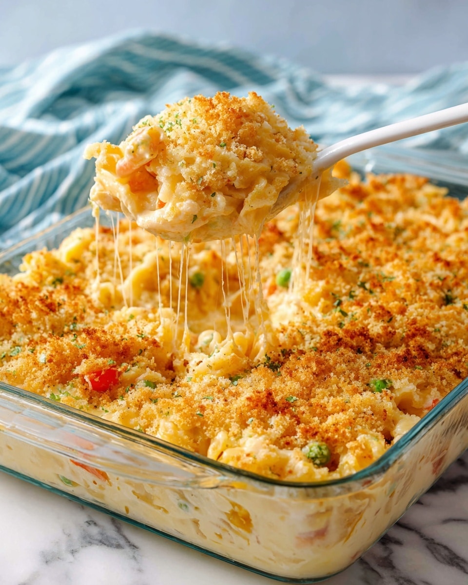 The image shows a glass baking dish filled with a creamy layered pasta casserole. The bottom layer is made of cooked pasta mixed with a light orange cheesy sauce and small pieces of mixed vegetables like green peas and red bits. The top layer is a golden crumbly topping spread thickly, creating a crunchy texture. A white spoon is scooping out a serving, lifting stretchy strands of melted cheese and showing the soft pasta and sauce underneath. The dish sits on a white marbled surface with a light blue striped cloth in the background. Photo taken with an iphone --ar 4:5 --v 7