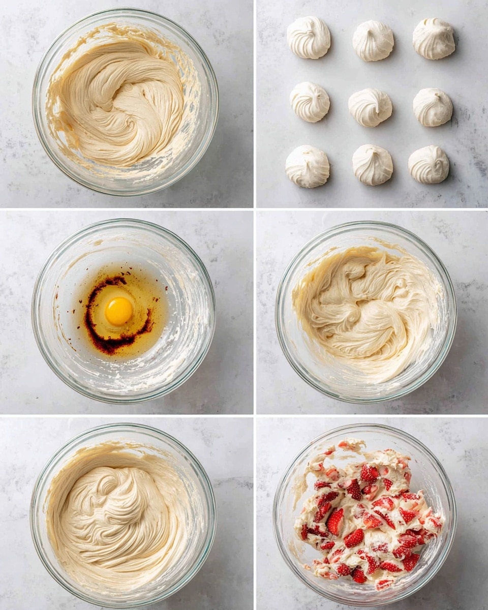 The image shows a six-step process of making batter in a clear glass bowl on a white marbled surface. The first frame displays a creamy beige mixture with a smooth texture spread in the bowl. The second frame shows small dollops of white batter placed neatly on the same white marbled surface. The third frame depicts a thicker creamy batter, swirled smoothly inside the glass bowl. The fourth frame shows the batter with a bright yellow egg yolk and some dark brown vanilla extract on top, resting in the bowl. The fifth frame reveals the batter mixed to a smooth, light beige consistency, thicker and creamy. The sixth frame displays the batter with red strawberry pieces folded evenly inside, giving a chunky texture and colorful contrast. Photo taken with an iphone --ar 4:5 --v 7