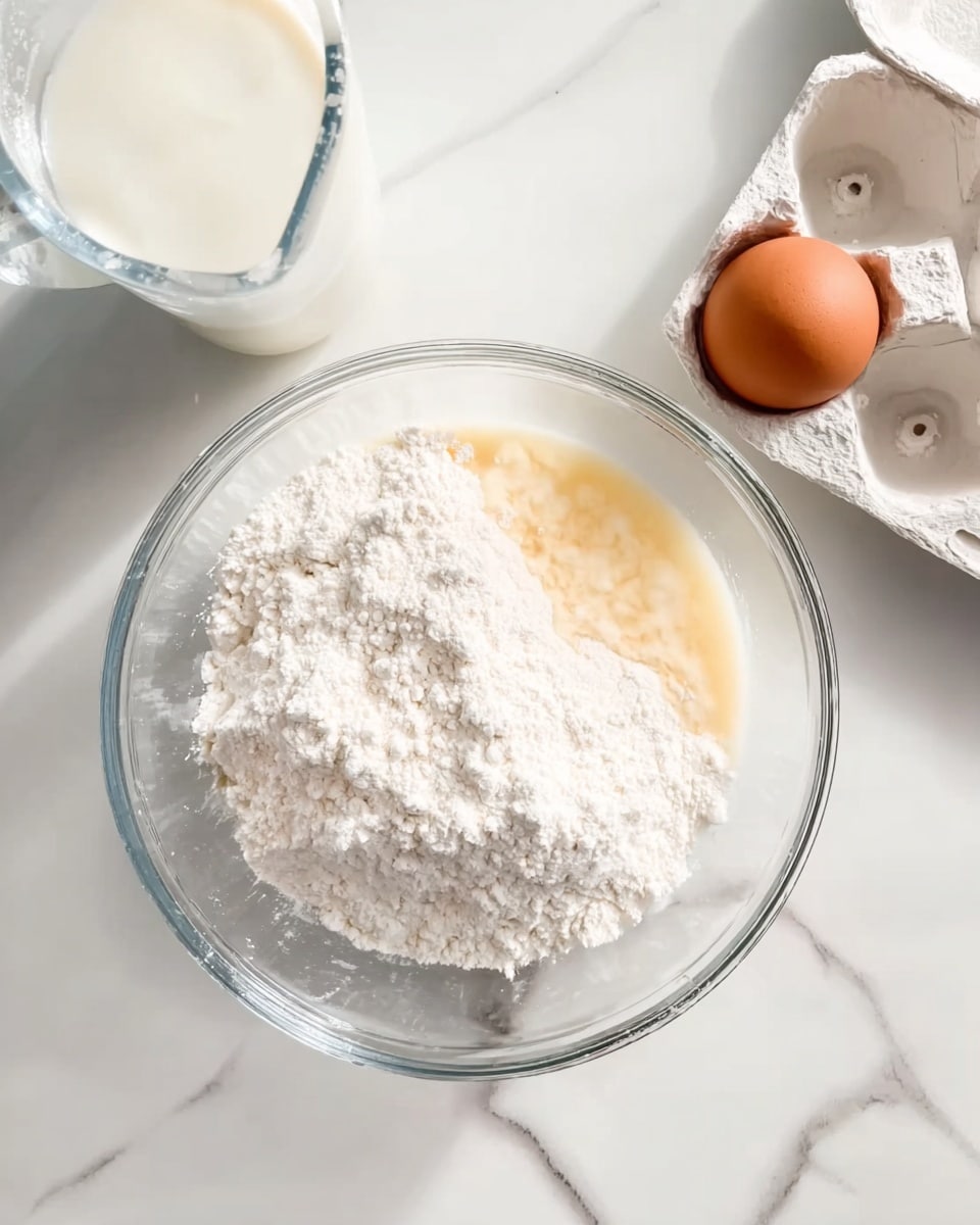 A clear glass bowl sits on a white marbled surface containing a layer of white powdery flour mixed with a light beige liquid. Above, a white glass measuring cup filled with milk is partly visible. To the right, a single brown egg rests in a white egg carton with one egg slot empty. The scene is bright with soft natural light highlighting the glass bowl’s contents and the smooth marbled texture below. photo taken with an iphone --ar 4:5 --v 7