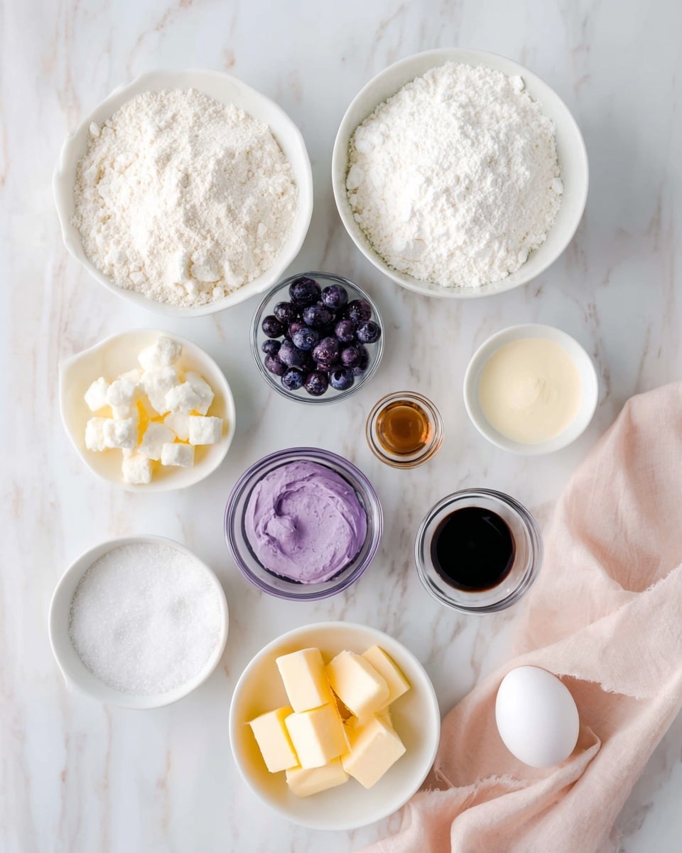 The image shows several small white bowls arranged on a white marbled surface, each containing different baking ingredients. There are two larger white bowls with a fluffy white powder and a crumbly white flour-like substance. Smaller clear bowls hold a dark purple blueberry-like fruit, a clear liquid, a dark brown vanilla extract, a small amount of white powder, and a thick purple cream. One white bowl contains yellow butter cubes. A small white dish holds white sugar and a single white egg rests on a pale pink cloth near the bottom right. The arrangement is neat and bright, with soft natural light illuminating the different textures and colors photo taken with an iphone --ar 4:5 --v 7