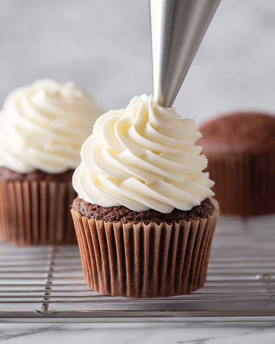 A close-up view of a chocolate cupcake with one layer of dark brown cake inside a pleated brown paper liner, topped with a generous swirl of creamy white frosting being piped from a metal nozzle, the frosting showing smooth, soft curls stacked on top of the cupcake creating a tall, textured peak; in the background, two more cupcakes are visible, one with similar white frosting and the other without frosting, all placed on a metal rack set over a white marbled surface, photo taken with an iphone --ar 4:5 --v 7