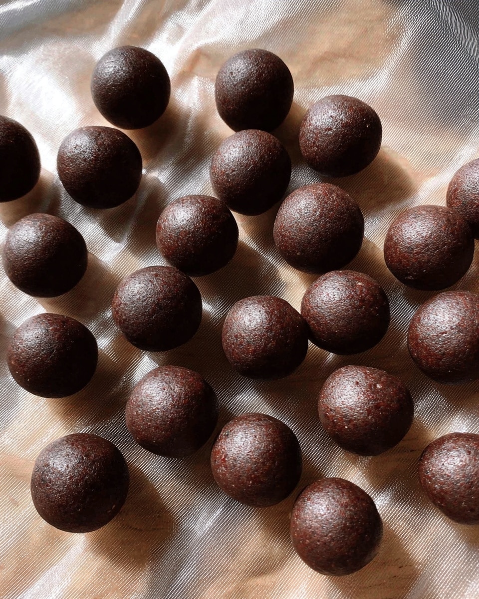 The image shows many small round balls with a smooth, dark brown surface, placed loosely on clear plastic wrap that covers a light wooden textured table. The balls look soft and dense with a slight shine from natural texture variations, arranged in no specific order but close together. photo taken with an iphone --ar 4:5 --v 7