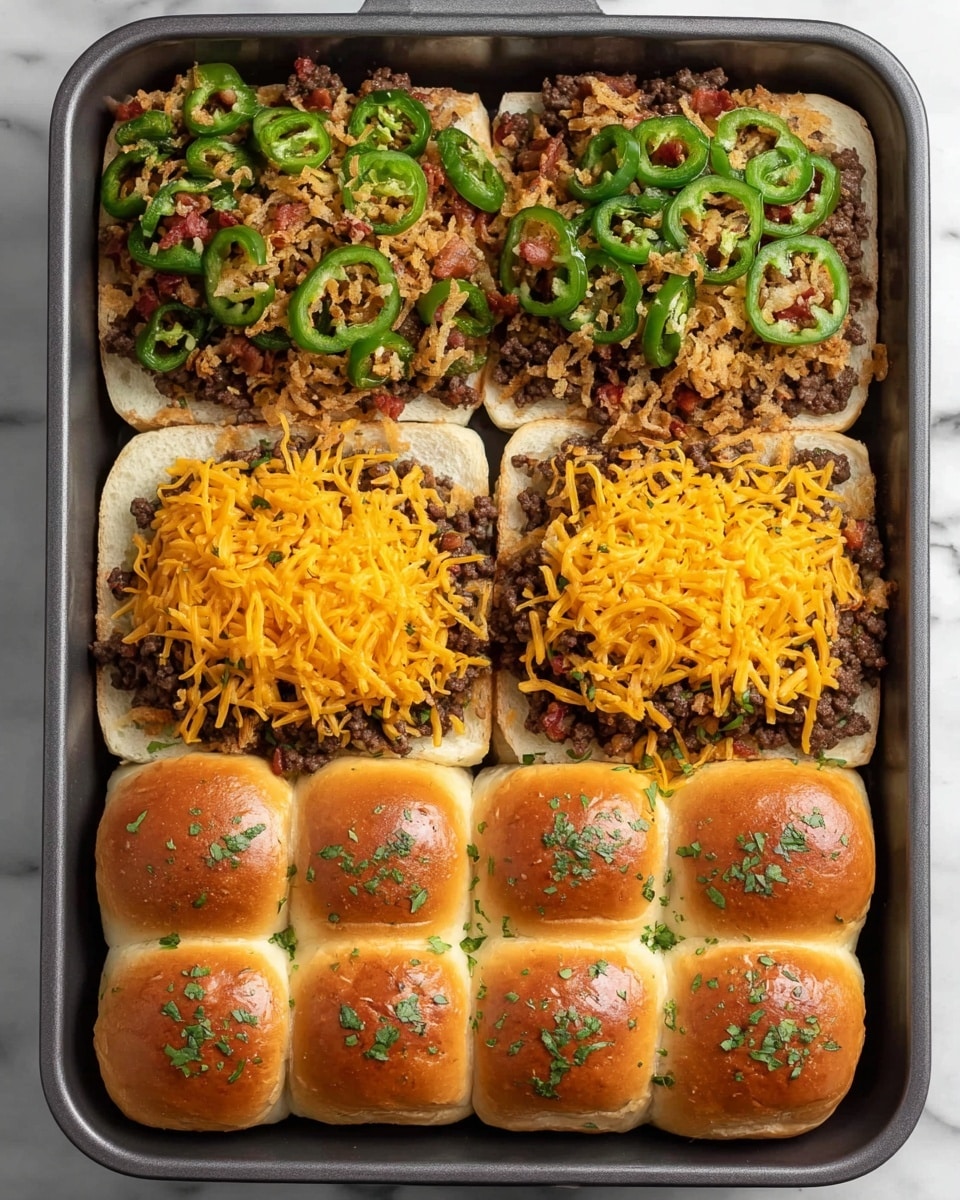 The dish is shown in six steps inside a gray baking dish set on a white marbled surface. The first layer is white bread slices topped with cooked ground beef and evenly placed green pepper rings. The next step adds crispy bacon bits over the peppers and beef. Then, a thick layer of bright orange shredded cheddar cheese covers the meat and peppers. Following that is a layer of light brown crispy fried onions spread evenly on the cheese. After, the cheese-covered layers are topped with twelve soft, golden brown dinner rolls arranged neatly in a 3x4 grid. Finally, the rolls are brushed with melted butter and sprinkled with chopped green herbs for a shiny, fresh finish. Photo taken with an iphone --ar 4:5 --v 7