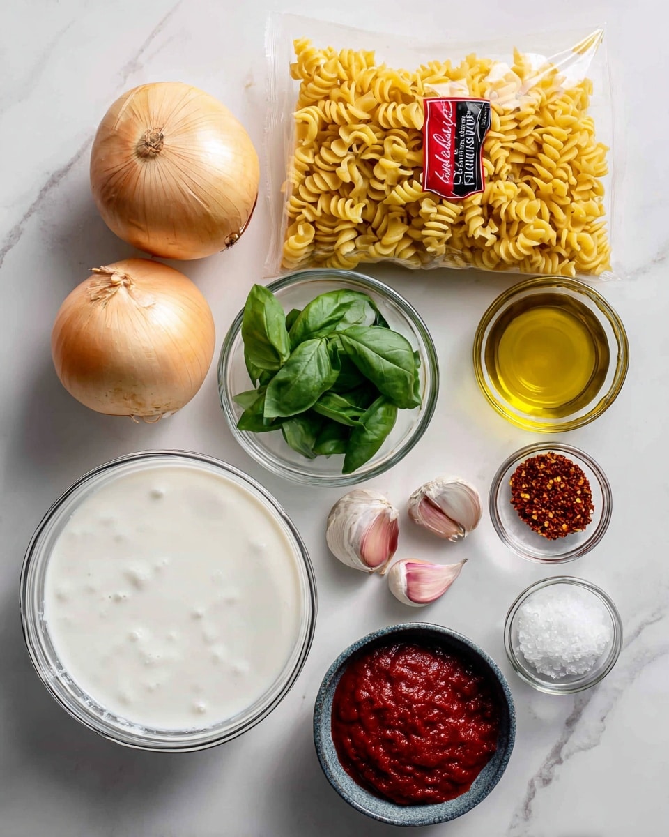 The image shows different ingredients neatly arranged on a white marbled surface. In the center bottom, there is a large clear glass bowl filled with smooth white coconut milk. To the left of the bowl, two round onions with golden skin rest side by side. Above the onions, a plastic bag of yellow fusilli pasta with red and black on the packaging lies flat. Above the pasta, a small clear bowl of fresh green basil leaves sits. To the right of the basil, a small clear bowl holds golden olive oil. Next to the olive oil, a small white bowl contains red pepper flakes with a coarse texture. Below that, a small clear bowl is filled with thick dark red tomato paste. In the middle, two cloves of fresh pink garlic rest side by side. To the right of the garlic, a small dark grey bowl holds white salt crystal. All items are clean and clearly visible, the light bright and natural. Photo taken with an iphone --ar 4:5 --v 7
