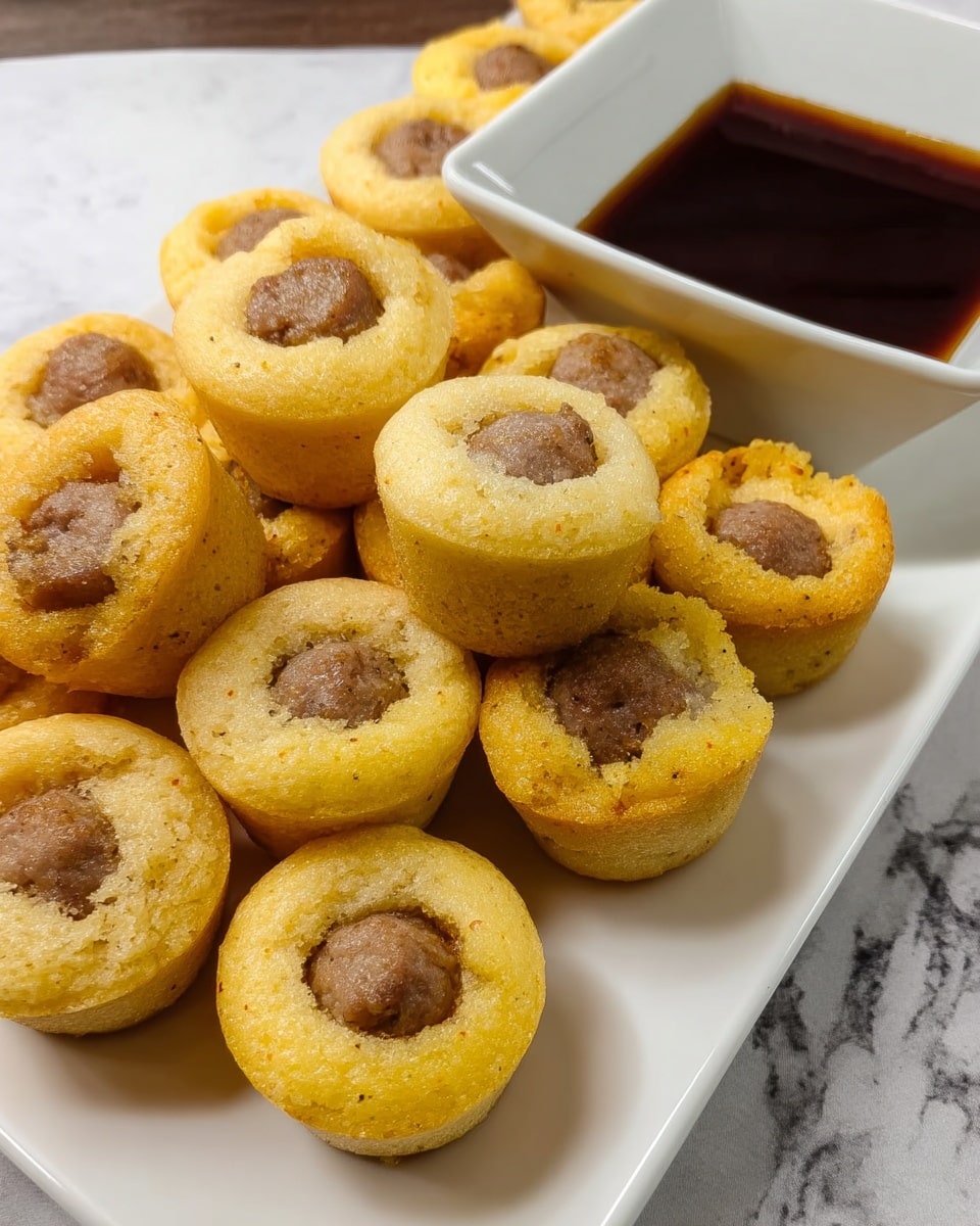 A white rectangular plate filled with about fifteen small, round corn muffins, each with a visible light brown sausage center on top. The muffins are golden yellow with a textured surface, and they are placed close together, slightly overlapping. Next to the plate is a white square bowl containing a dark brown liquid sauce. The background is a white marbled texture. Photo taken with an iphone --ar 4:5 --v 7
