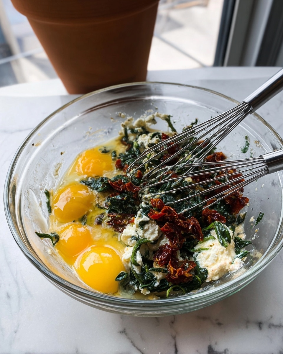 A clear glass bowl sits on a white marbled surface filled with five vibrant yellow egg yolks spread out near the left side, mixed with bright green wilted spinach leaves and small pieces of deep red sun-dried tomatoes scattered mostly on the right side around the yolks and throughout. Some creamy white cheese or sour cream is dolloped in the middle, mingling with the other ingredients. A silver whisk rests inside the bowl slightly lifting the mixture. In the blurry background, a terracotta plant pot is visible near a window. Photo taken with an iphone --ar 4:5 --v 7