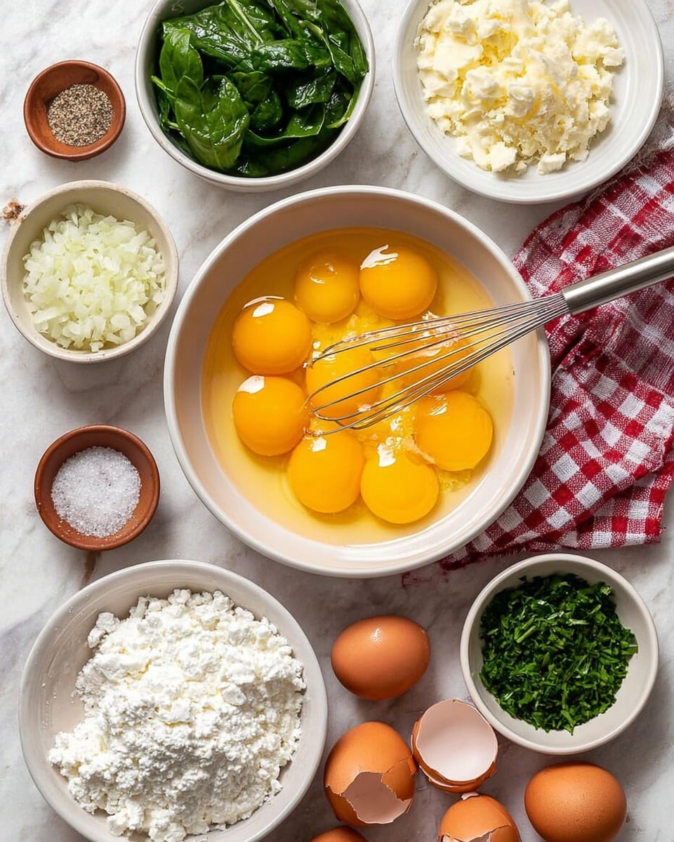 In the image, there is a main white ceramic bowl in the center filled with eight bright yellow raw egg yolks and clear egg whites, with a small metal whisk inside. Surrounding the bowl are smaller white bowls containing finely chopped white onions, chopped fresh green spinach leaves, grated pale yellow cheese, and thick white cottage cheese. There is also a small white plate with mixed salt and pepper, finely ground white powder in a small brown bowl, and a bowl with chopped fresh green herbs. Brown eggshells are scattered near the bowls on a white marbled surface with a red and white checkered cloth partly visible underneath. Photo taken with an iphone --ar 4:5 --v 7