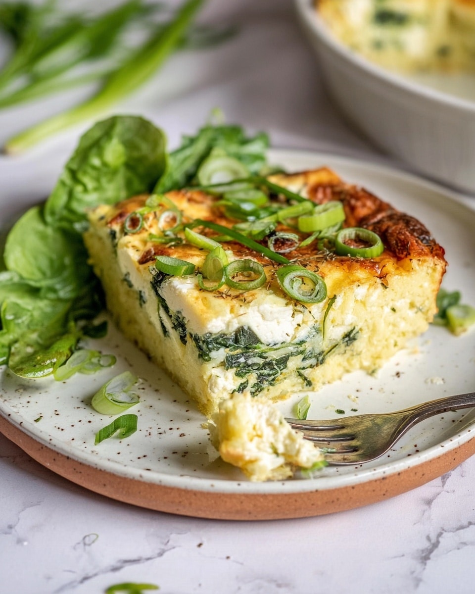 The image shows a slice of baked egg dish with two main layers: a pale yellow, fluffy egg layer on the bottom and a middle layer filled with green spinach and white cheese. The top layer is golden brown with some melted cheese and thinly sliced green onions sprinkled on it. The slice rests on a white plate with a natural speckled pattern and a brown rim, and a fork with a piece of the egg dish is placed near the front. Behind the dish, there are fresh leafy greens adding a pop of green color. The whole scene is set on a white marbled surface with soft natural lighting. Photo taken with an iphone --ar 4:5 --v 7