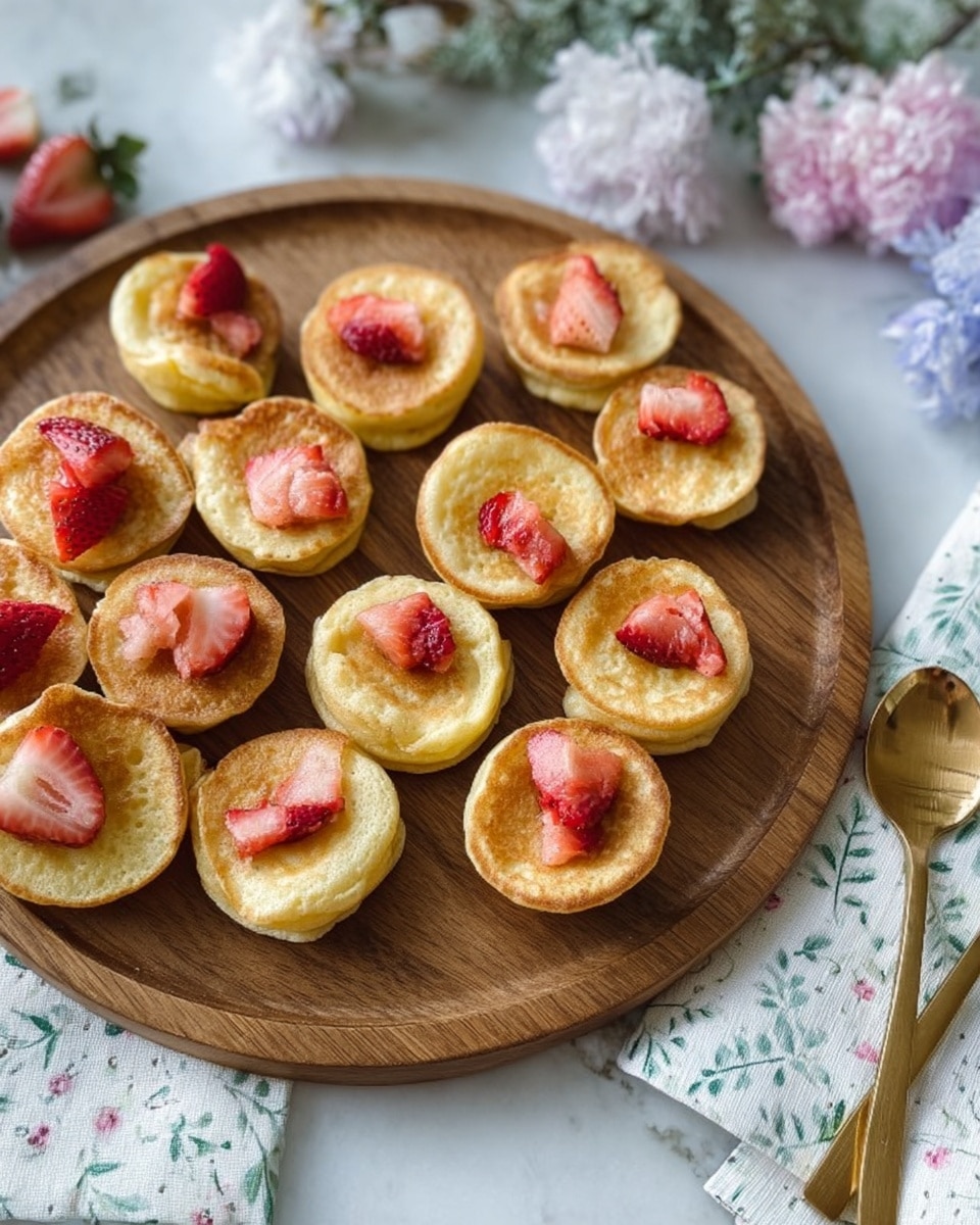 A round wooden board holds about sixteen small golden-brown mini pancakes, some topped with small pieces of fresh red strawberries, giving a mix of smooth golden surfaces and bright red juicy chunks. The pancakes are thick and slightly puffed with a soft texture, spread evenly on the board in a casual arrangement. The background features a white marbled texture with delicate light purple and blue flowers blurred out, adding a soft contrast. Nearby, a silver spoon and a small golden fork rest on white napkins with green leaf patterns, enhancing the warm, inviting scene. Photo taken with an iphone --ar 4:5 --v 7