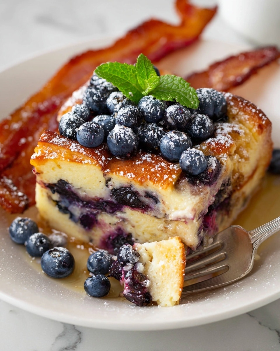 A white plate holds a three-layer thick slice of blueberry bread pudding with a golden brown top and a soft, creamy inside speckled with dark purple blueberries. The top layer is dotted with whole fresh blueberries and dusted lightly with powdered sugar, with a small mint leaf garnish. Behind the bread pudding, there are two crispy strips of golden brown bacon resting on the same plate. A silver fork with a piece of the bread pudding pierced on its tines is positioned in the foreground. The background is a white marbled texture. Photo taken with an iphone --ar 4:5 --v 7