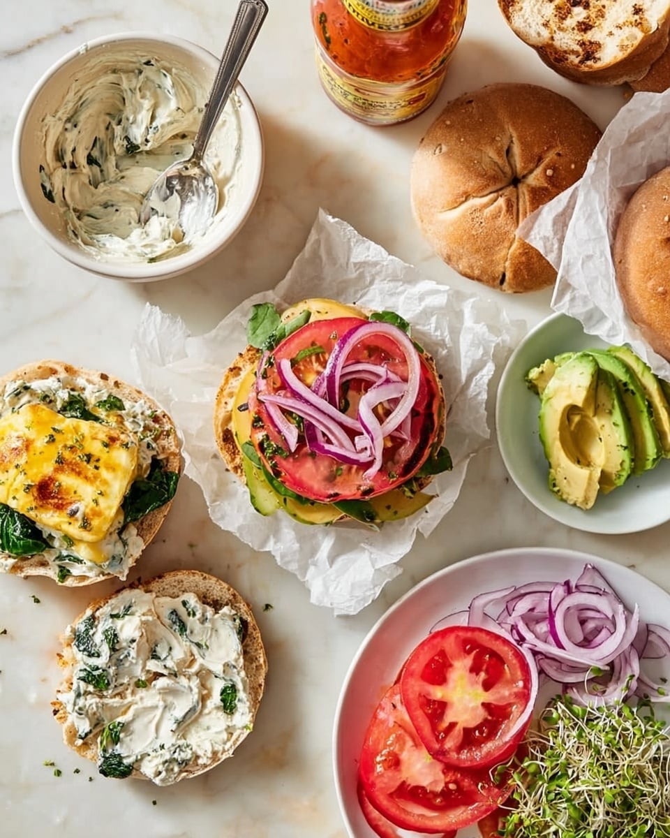The image shows an open sandwich layered with different ingredients on a toasted English muffin. The bottom layer is a spread of white herb cream cheese with green herb bits visible, followed by a layer of bright red tomato slices, then a yellow-green cooked egg piece with spinach, topped with rings of purple-red onion. Nearby, there are more toasted English muffin halves, a bowl of the white herb cream cheese with a spoon inside, and a white plate with sliced red tomato, purple onion rings, and green avocado slices. There is also a small white plate with a mix of sprouts and microgreens in a light golden dressing. A bottle of hot sauce and a sandwich wrapped in white parchment paper are also present, all set on a white marbled surface. photo taken with an iphone --ar 4:5 --v 7