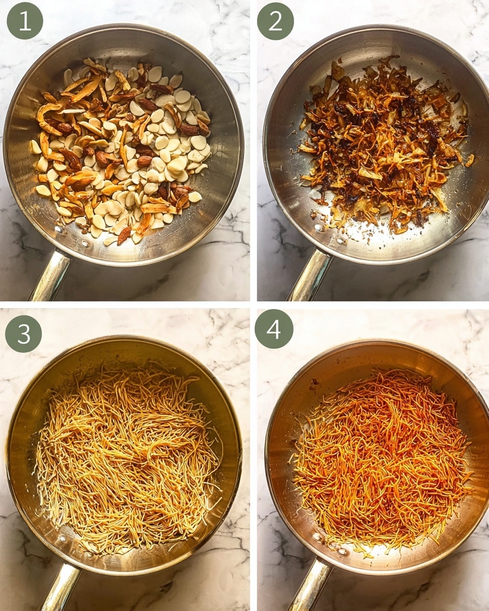 A stainless steel pan is shown in four close-up steps. In step one, there is a mixture of whole and sliced dried food pieces in light brown and off-white colors on the pan’s bottom. Step two shows these pieces lightly cooked, with a shiny oily surface and golden hues developing. Steps three and four display fine, thin noodle-like strands being added and lightly browned on the shiny pan surface, turning from light beige to golden orange in color, with the strands spreading evenly. The background features a white marbled texture. Photo taken with an iphone --ar 4:5 --v 7