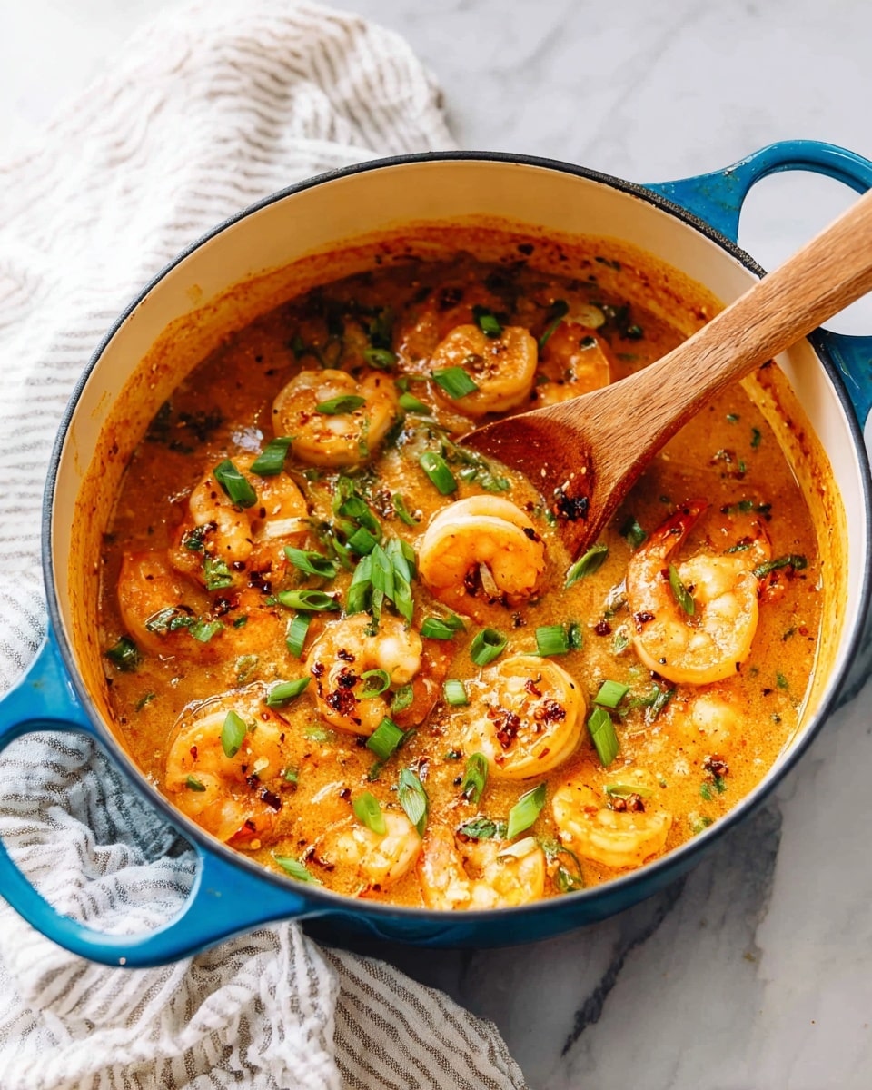 A blue pot filled with a creamy orange sauce containing curved shrimp pieces scattered evenly throughout. The sauce has small bits of green herbs and spices visibly mixed in, with some dark seasoning flakes on top. Bright green chopped scallions are sprinkled on the shrimp and sauce layer, adding color contrast. A wooden spoon rests inside, partially submerged in the sauce, angled from the top right toward the center of the pot. The pot is set on a white marbled surface with a crumpled white and gray-striped cloth in the background. photo taken with an iphone --ar 4:5 --v 7