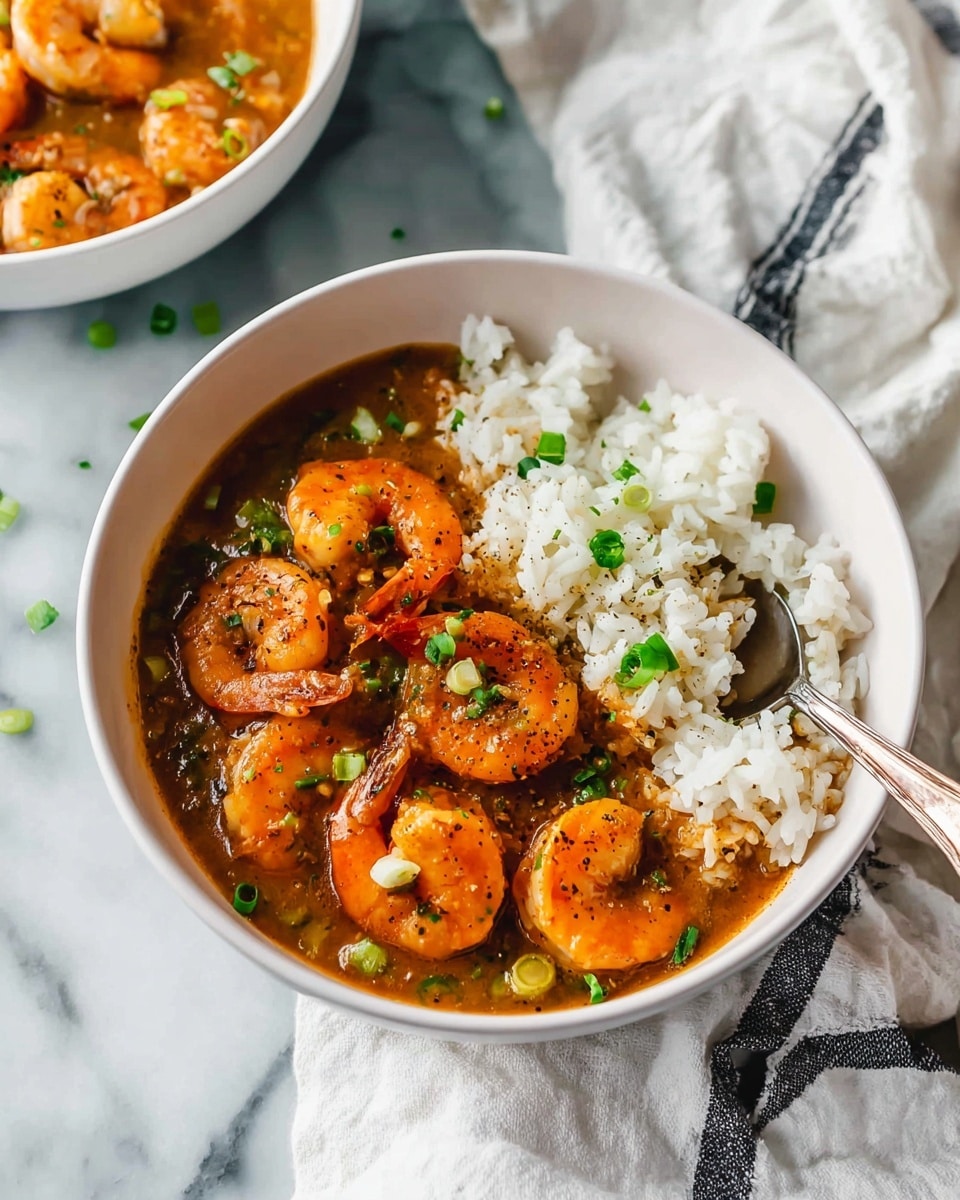 The image shows a bowl of food with two main parts: on one side, there is white rice with soft, separate grains, and on the other side, there are orange shrimp in a thick, brown sauce with green bits that look like chopped vegetables. The shrimp are shiny and curved, sprinkled with small green onion pieces and black pepper. A silver spoon sits inside the bowl, resting on the shrimp side. The bowl is white and placed on a white marbled surface, with a white cloth with black stripes under it. In the background, another white bowl with a similar dish is partially visible. Photo taken with an iphone --ar 4:5 --v 7