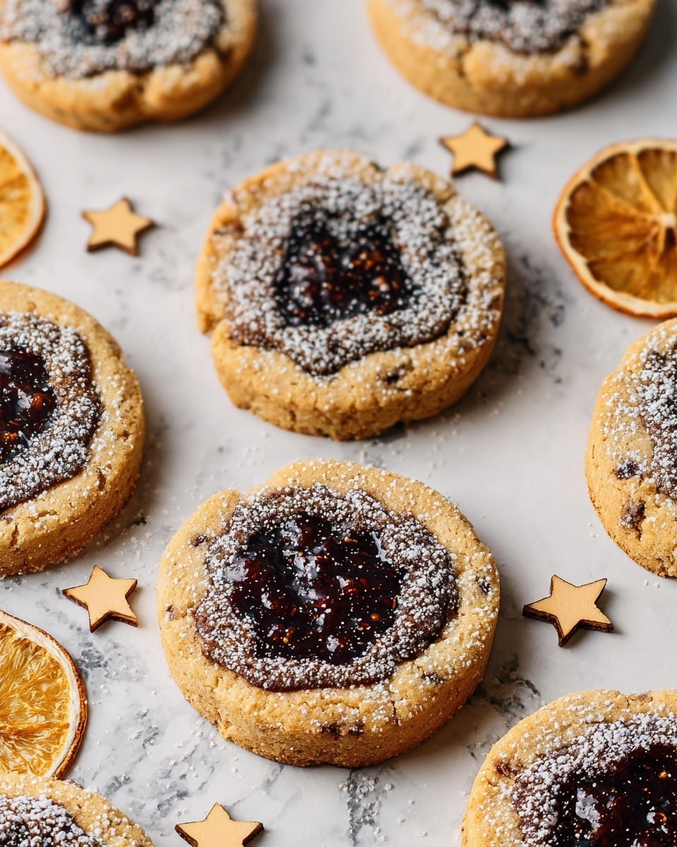 The image shows several round cookies with a golden-brown color, each having a rough texture and topped with a thick layer of dark, glossy jam in the center. The jam is uneven and shiny, creating a contrast with the soft, crumbly cookie base. The cookies are sprinkled with fine white powdered sugar, giving them a snowy look. They are placed on a surface with a white marbled texture. Small star-shaped wooden decorations and round dried orange slices are also scattered around the cookies, adding a festive feel. photo taken with an iphone --ar 4:5 --v 7