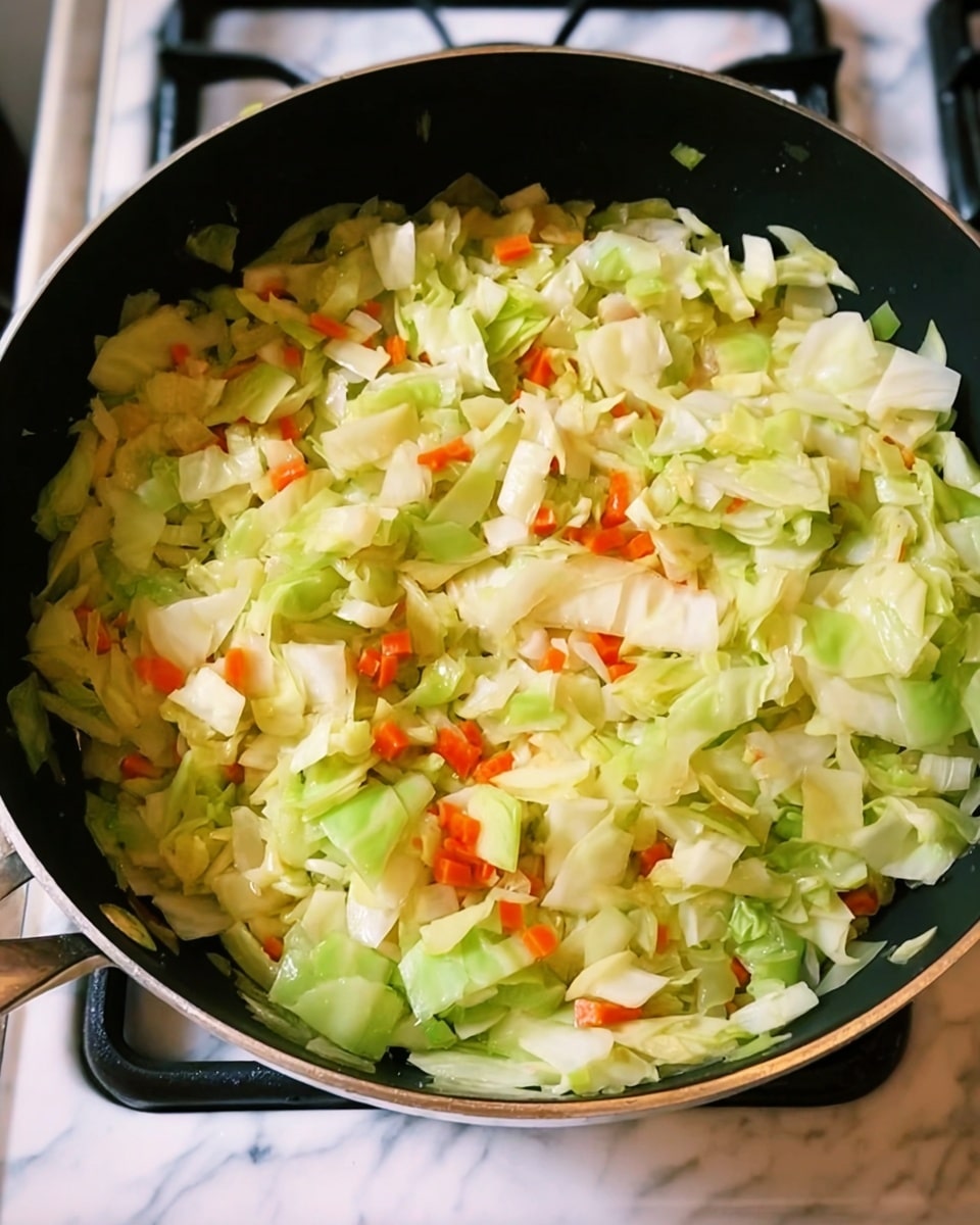 A large black pan filled with roughly chopped pale green cabbage pieces mixed with small bright orange carrot bits. The cabbage pieces form the main top layer, with the carrots spread evenly throughout. The pan is on a stove with a white marbled texture visible around it. The cabbage looks fresh and slightly wilted, and the carrots add a bright color contrast. Photo taken with an iphone --ar 4:5 --v 7