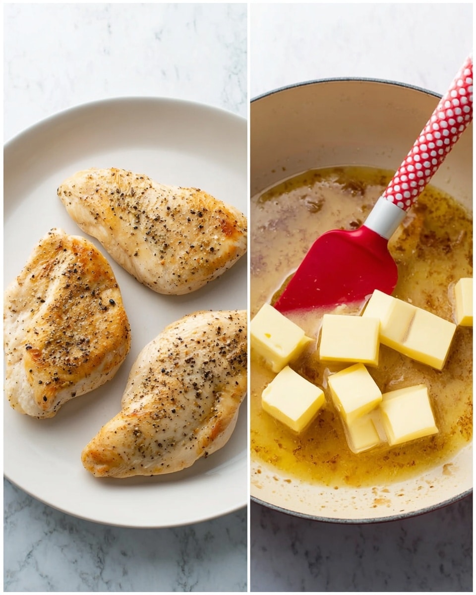 The image shows two photos side by side. On the left, three cooked chicken pieces are on a white plate; they have a light golden brown color with black pepper specks on top, showing a smooth cooked texture. On the right, a white pot contains six small yellow butter cubes melting in a light brown oily liquid with some brown bits from cooking, and a red spatula with white polka dots is placed inside the pot. The background has a white marbled texture. Photo taken with an iphone --ar 4:5 --v 7