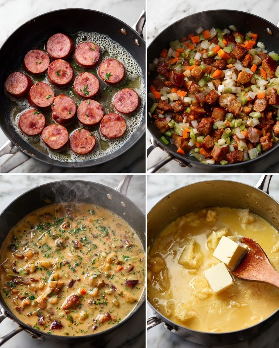 The image shows four stages of cooking in black pans. In the first stage, several rounds of sliced sausage with a deep pink color are frying in bubbling oil. The second stage adds a mix of small diced vegetables in green, orange, and white colors, combined with the browned sausage pieces, all sizzling and releasing steam. The third image shows a creamy sauce with herbs, small sausage bits, and vegetable pieces simmering, with a light orange color and specks of green. The final stage presents a thick, pale yellow mixture in a pot with two chunks of melting butter on top, being stirred by a wooden spatula. The background is a white marbled surface. Photo taken with an iphone --ar 4:5 --v 7