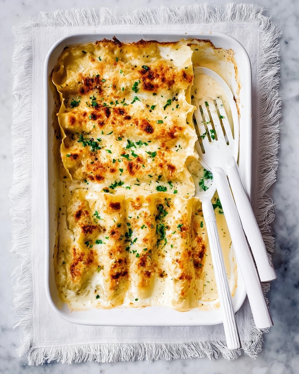 A white rectangular baking dish holds five large folded pieces of pasta evenly placed in a single layer, covered with a creamy sauce that pools around them. The top layer is golden brown melted cheese with some darker toasted spots, sprinkled with small green chopped herbs. Two white serving spoons rest on the right side of the dish, one slotted and one solid, slightly overlapping each other. The dish is set on a white cloth with fringed edges on a white marbled surface. Photo taken with an iphone --ar 4:5 --v 7