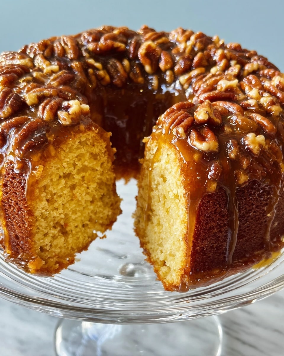 A round bundt cake with one slice removed sits on a clear glass cake stand with a white marbled background. The cake has two visible layers: the bottom layer is a moist, yellow sponge with a texture showing small air pockets, and the top layer is a thick, shiny caramel-like glaze covered with whole glossy pecans that form a dense ring around the top edge. The cake’s surface appears moist and sticky where the glaze and pecans meet the sponge. Photo taken with an iphone --ar 4:5 --v 7