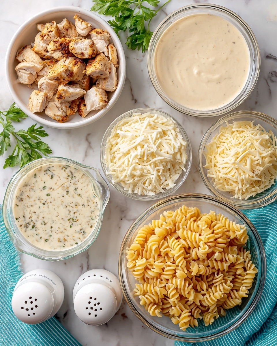 The image shows several white bowls and a clear glass bowl arranged on a white marbled surface, each filled with cooking ingredients. On the top left, a white bowl holds pieces of cooked chicken with a light brown grilled texture. To the right, a clear glass bowl contains smooth, creamy Alfredo sauce in a light beige color. Below the chicken bowl, another white bowl has shredded mozzarella cheese in long thin strands, and next to it on the right is a white measuring cup filled with pale yellow shredded parmesan cheese. Near the center, a small white bowl contains a creamy garlic parmesan sauce speckled with herbs and spices. At the bottom right, a clear glass bowl is full of cooked curly pasta spirals in pale yellow. A small clear measuring cup with light pasta water is placed to the front right. Two white salt and pepper shakers are on the bottom left near uncooked pasta pieces, and a sprig of green parsley decorates the top right corner. A turquoise striped cloth rests on the bottom right side. Photo taken with an iphone --ar 4:5 --v 7