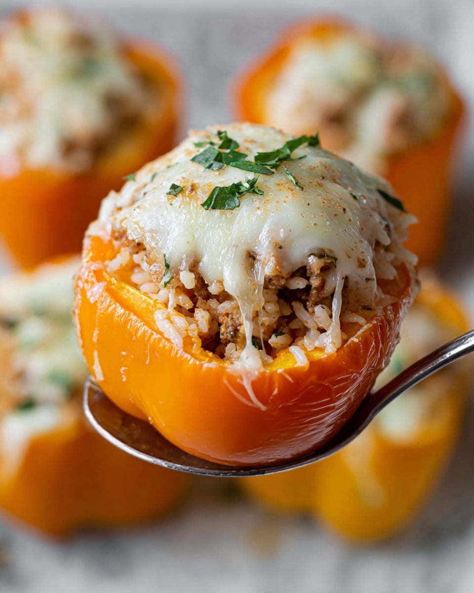 A close-up of a stuffed orange bell pepper held on a spoon, showing three clear layers: at the bottom, the soft, smooth bright orange pepper; in the middle, a layer of cooked rice mixed with brown ground meat filling the pepper; and on top, a thick layer of melted white cheese with a slightly browned texture, sprinkled with small green herb leaves. In the blurred white marbled background, more stuffed peppers with similar layers are visible. Photo taken with an iphone --ar 4:5 --v 7