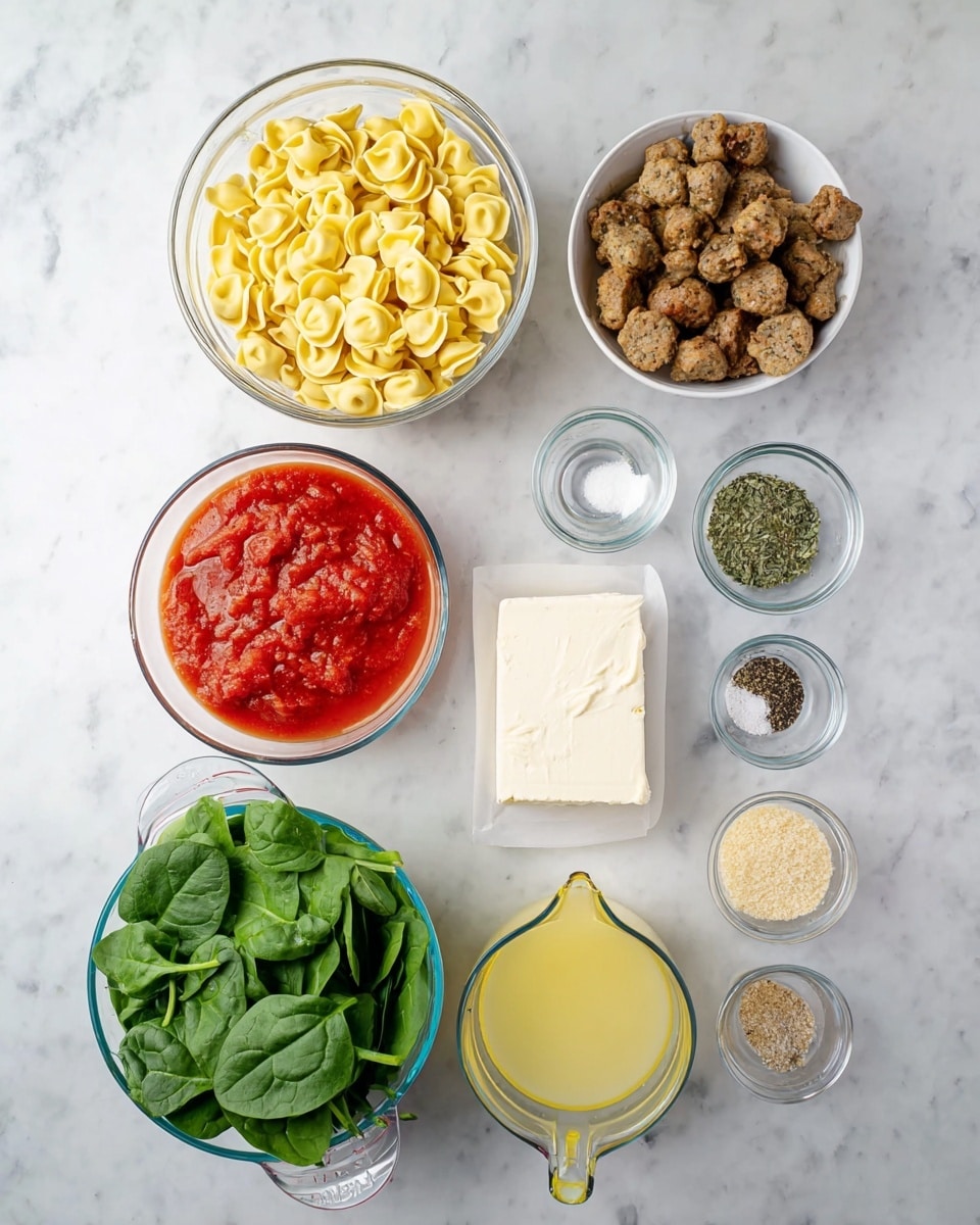 A top-down view of various cooking ingredients arranged neatly on a white marbled surface. There is a large clear bowl filled with yellow tortellini pasta top left, a medium clear bowl with browned sausage pieces positioned to the right below it, and a white bowl full of fresh green spinach leaves on the bottom left. Below the spinach bowl is a wrapped block of cream cheese. Two glass measuring cups sit to the right of the spinach bowl and sausage; the one on top has chunky red tomato sauce, and the lower one has light yellow broth. Smaller clear bowls contain light brown breadcrumbs and garlic powder near the top right, with a tiny white bowl of cracked black pepper and another clear bowl with dried herbs at the very top. photo taken with an iphone --ar 4:5 --v 7