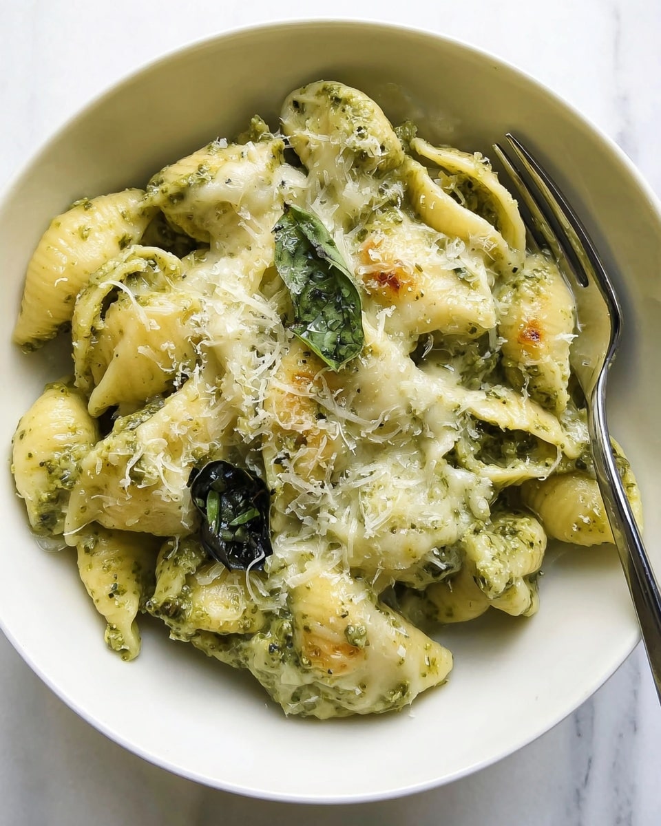 A white bowl filled with about three layers of soft pasta shells coated in green pesto sauce, with some melted white cheese on top showing light golden brown spots and a few dark green basil leaves for garnish; grated cheese is sprinkled lightly over the pasta creating a textured top layer, and a silver fork is placed on the right side inside the bowl, all set on a white marbled surface photo taken with an iphone --ar 4:5 --v 7