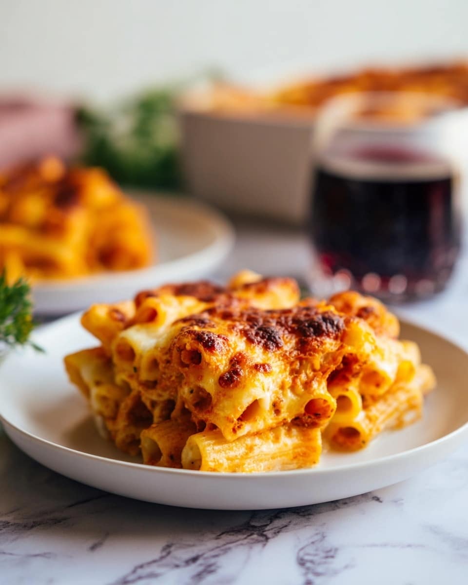 The image shows a small stack of baked pasta tubes with melted cheese on top, placed on a white plate in the foreground. The pasta is arranged in layers with a golden melted cheese crust that has slightly browned spots, adding texture. In the background, there are blurred elements including another white plate with a similar pasta dish and a glass filled with a dark liquid, all set on a white marbled surface. photo taken with an iphone --ar 4:5 --v 7