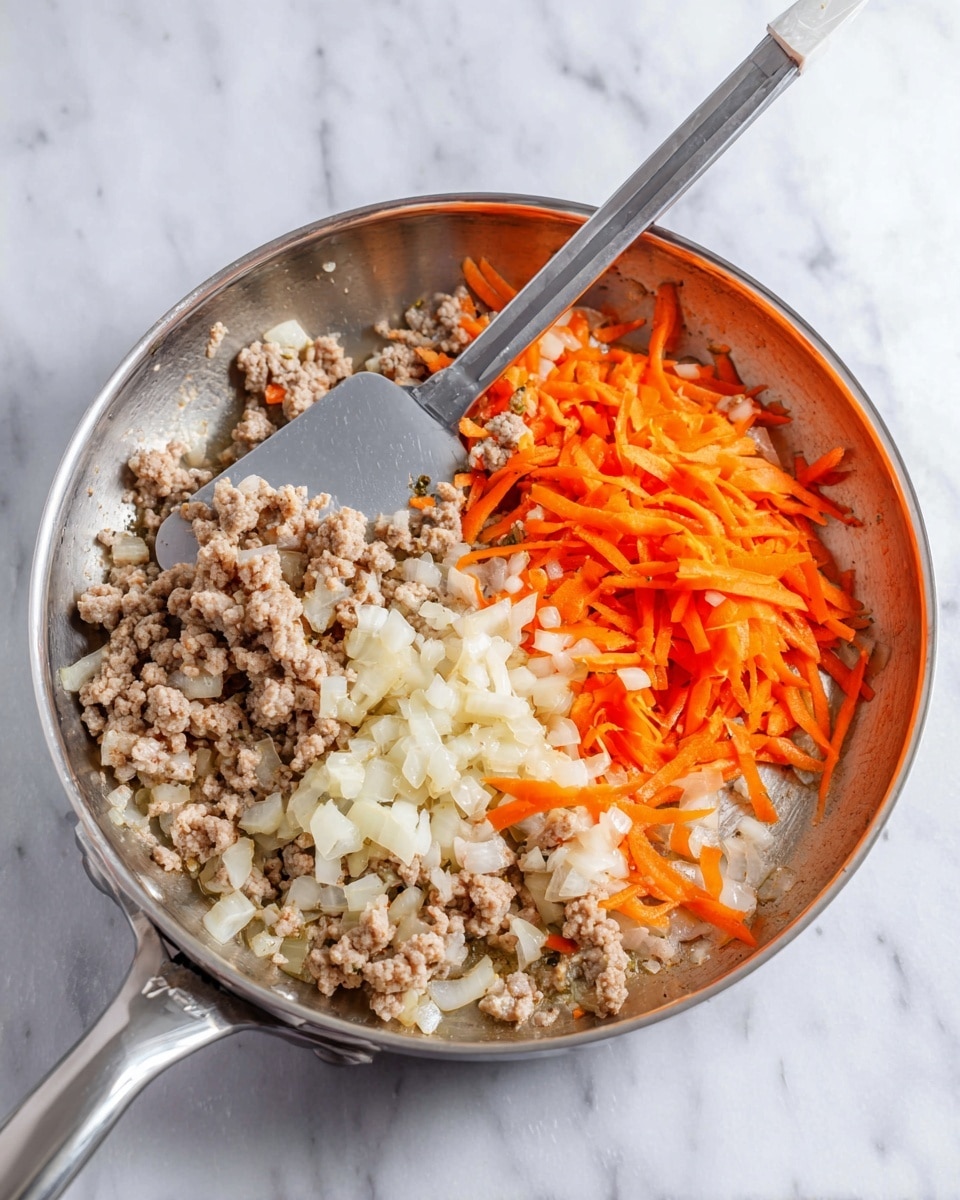 A shiny silver pan with a long handle sits on a white marbled surface, filled with three main layers. The first layer is light brown cooked ground meat, scattered on the left side. The second layer is small, soft white onion pieces spread mostly on the right side. The third layer is bright orange thin strips of carrots piled loosely in the middle. A large silver spatula is stirring the layers together from the left, showing the mix of ingredients and soft textures. photo taken with an iphone --ar 4:5 --v 7