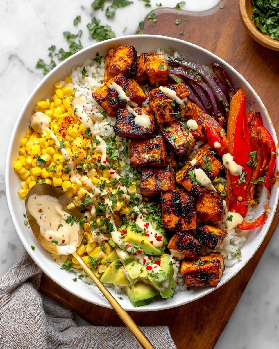 A white bowl holds a colorful layered dish. The bottom layer is white rice mixed with small pieces of orange and yellow vegetables. On top of the rice are chunks of grilled orange-brown salmon with a slightly charred surface, sprinkled with fresh green herb leaves and red chili flakes. Along one side of the bowl, there are thin slices of bright green avocado, also sprinkled with herbs and chili flakes. A light creamy sauce is drizzled over the salmon and avocado, adding a soft white contrast. The background is a white marbled texture. photo taken with an iphone --ar 4:5 --v 7