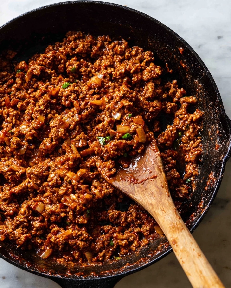 The image shows a close-up of cooked ground meat mixed with finely chopped onions and herbs in a black cast iron skillet. The meat is browned with a rich reddish-brown sauce coating it evenly, giving it a moist but textured look. Small bits of translucent onion pieces and green herbs are scattered throughout the mixture, adding subtle color contrast. A wooden spoon rests inside the skillet, partially submerged in the meat, with its handle extending out towards the lower right corner. The skillet sits on a white marbled surface, creating a simple and clean background. photo taken with an iphone --ar 4:5 --v 7