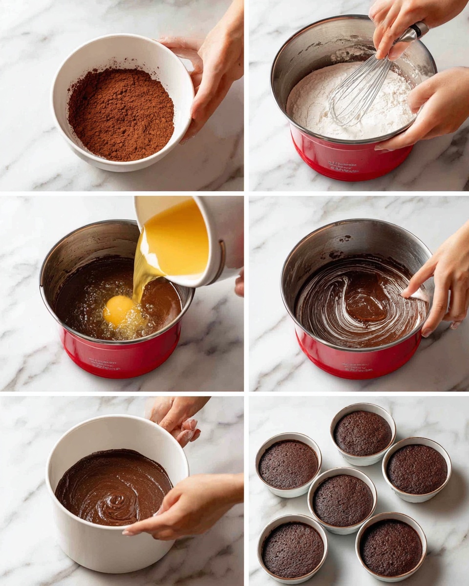 Black Forest Cake (Schwarzwälder Kirschtorte) Recipe 4 The description shows six steps of making a chocolate cake batter. The first image features a woman's hand holding a white bowl with dark brown dry cocoa powder inside, set on a white marbled surface. The second image shows a woman's hand pouring white sugar into a red mixer mixing lighter brown liquid batter in a silver bowl on the same white marbled surface. The third image depicts a woman's hand stirring the mixture in the metal bowl, revealing a smooth light brown batter with some swirls. The fourth image shows a woman's hand pouring a yellow liquid (likely eggs) into the batter in the silver bowl on the white marbled surface. In the fifth image, three white round pans are filled with thick, dark chocolate batter sitting on the white marbled table, a woman's hand holds one pan while a spatula is used in another. The final image displays three baked chocolate cakes still in the pans, dark brown with a slightly risen texture, on the white marbled surface, next to a woman's hand holding one pan. Photo taken with an iphone --ar 4:5 --v 7