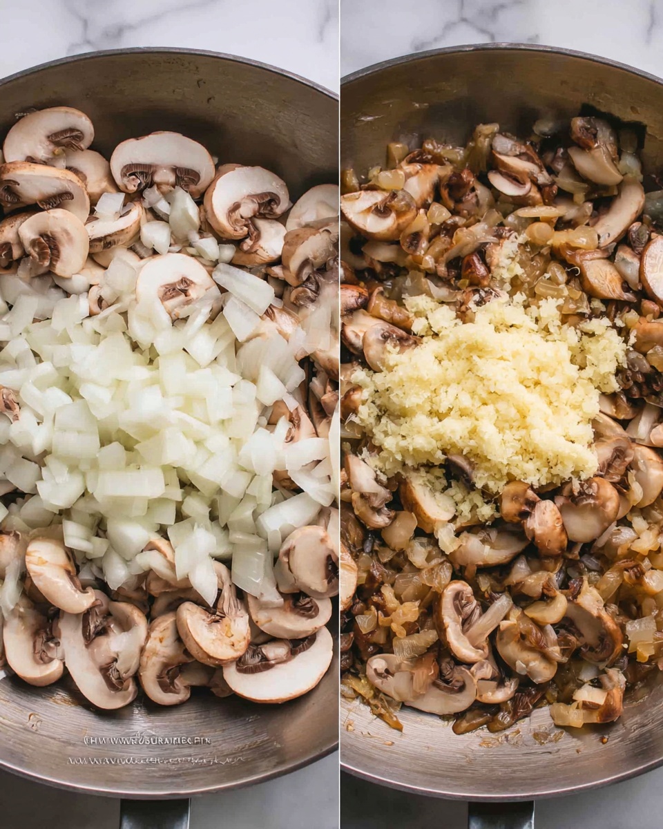 The image shows two close-up shots of cooking mushrooms in a pan on a white marbled surface. On the left side, there is a large amount of chopped white onions placed on top of sliced brown mushrooms inside a silver pan. The mushrooms are light to dark brown with smooth, slightly curved shapes. On the right side, the cooked mushrooms are mixed with softened translucent onions and topped with a small pile of finely grated pale yellow garlic or ginger, all inside the same silver pan. The textures look soft and slightly moist, with the mushrooms glistening from cooking. photo taken with an iphone --ar 4:5 --v 7