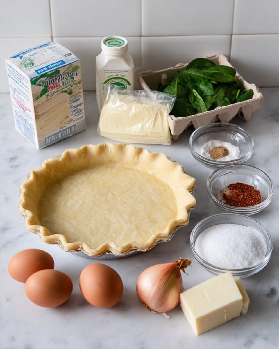 The image shows a pie shell placed in the center on a white marbled surface. Around the pie shell are ingredients arranged neatly: a carton of heavy whipping cream at the back left, a box of chopped spinach in front of the cream, and three brown eggs lined up next to the spinach. To the right of the eggs are two small glass bowls, one with a reddish spice and the other with a darker spice. In front of the pie shell, there is a wrapped block of cheese and a small piece of butter next to it. On the right side of the pie shell, two shallots with papery skins sit close together beside a white bowl filled with granulated white sugar. The scene is clean and bright with a white tiled backdrop behind the ingredients photo taken with an iphone --ar 4:5 --v 7