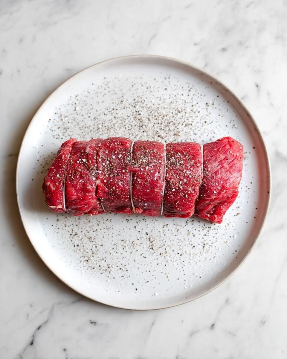 A raw beef roll is placed in the center of a plain white plate. The beef is bright red, tightly wrapped, and tied with string across its length into five sections. The top surface and the plate around it are sprinkled with coarse white salt and black pepper, giving a texture of small white and black granules. The plate sits on a white marbled surface with subtle grey veins. Photo taken with an iphone --ar 4:5 --v 7