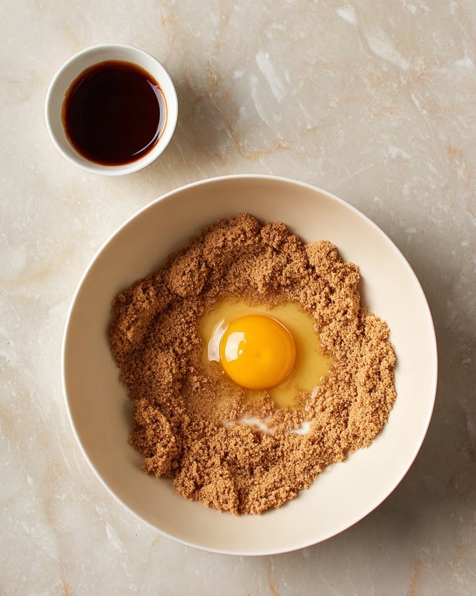 A white bowl filled with a thick layer of light brown crumbly mixture forming an uneven base. On top of this base, in the center, rests a whole raw egg yolk with a smooth, shiny golden-yellow surface surrounded by a small area of clear egg white. To the upper left side of the bowl, there is a small white cup holding a dark brown liquid. The scene is set on a white marbled surface. Photo taken with an iphone --ar 4:5 --v 7