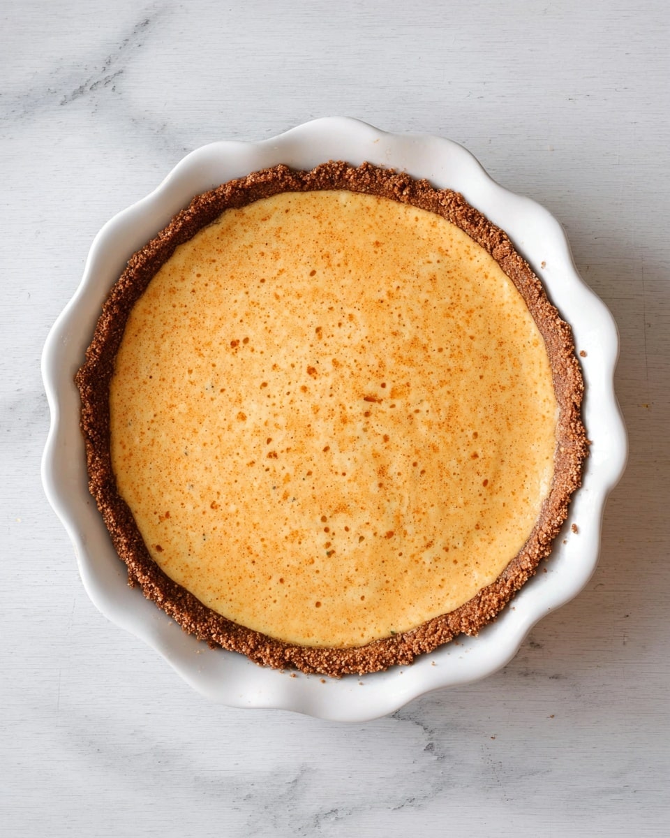 A single-layer pie in a white scalloped dish, with a dark brown, crumbly crust that rises slightly above the edge. The filling is smooth and light orange with small darker specks, evenly spread and slightly bubbly on top. The dish sits on a white marbled surface. photo taken with an iphone --ar 4:5 --v 7