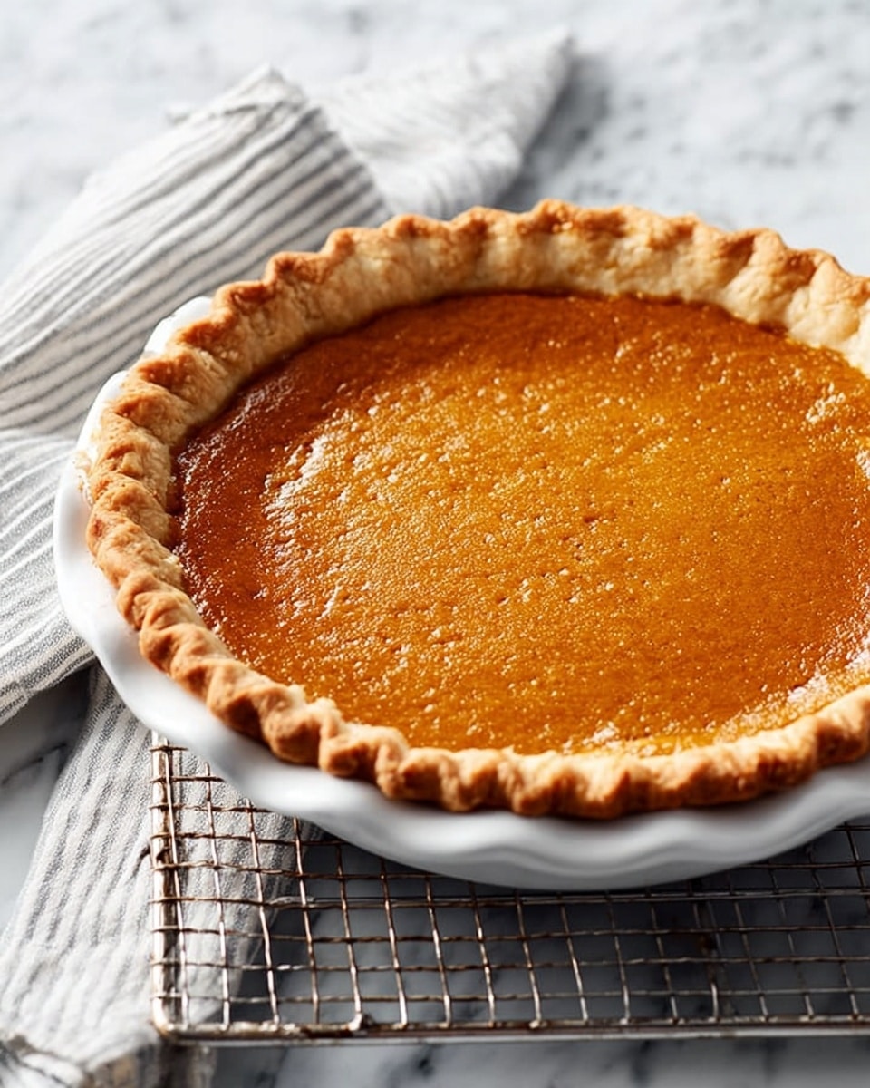 A golden brown pumpkin pie with one smooth, glossy orange filling layer sits in a white pie dish. The crust is thick, flaky, and evenly crimped all around the edge with a light brown color. The pie rests on a metal cooling rack placed on a white marbled surface, and a white and gray striped cloth is partially visible in the background. Photo taken with an iphone --ar 4:5 --v 7