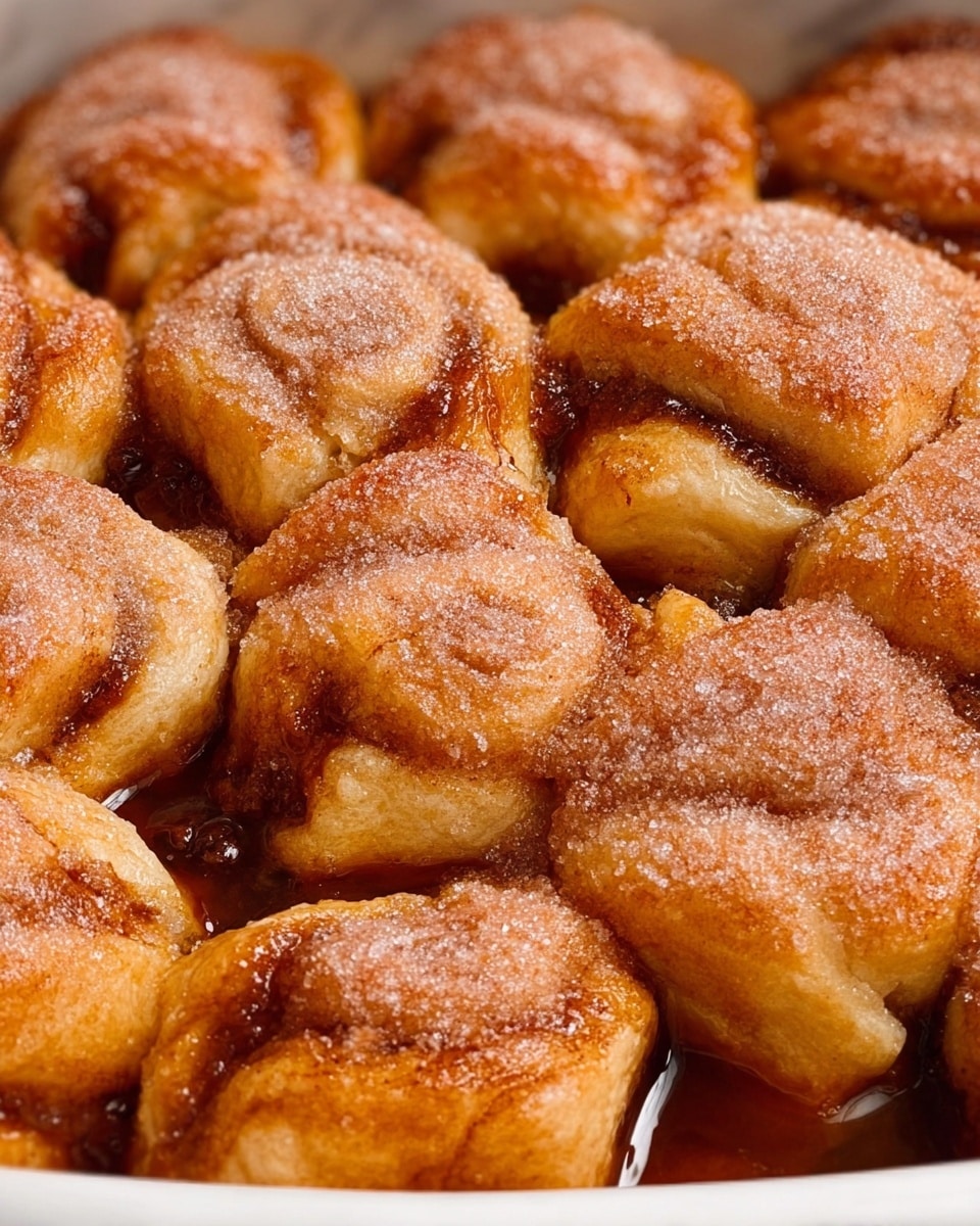 The image shows a close-up of a dozen golden brown pastry rolls arranged tightly together in a white dish. Each roll has a light dusting of sugar on top, giving them a slightly grainy texture. The rolls have a flaky, soft crust with a warm reddish-brown filling visible on the edges where the dough folds close. The shiny syrup pools around the base of the rolls, creating a glossy surface that makes them look moist and sweet. The background is a white marbled texture. photo taken with an iphone --ar 4:5 --v 7