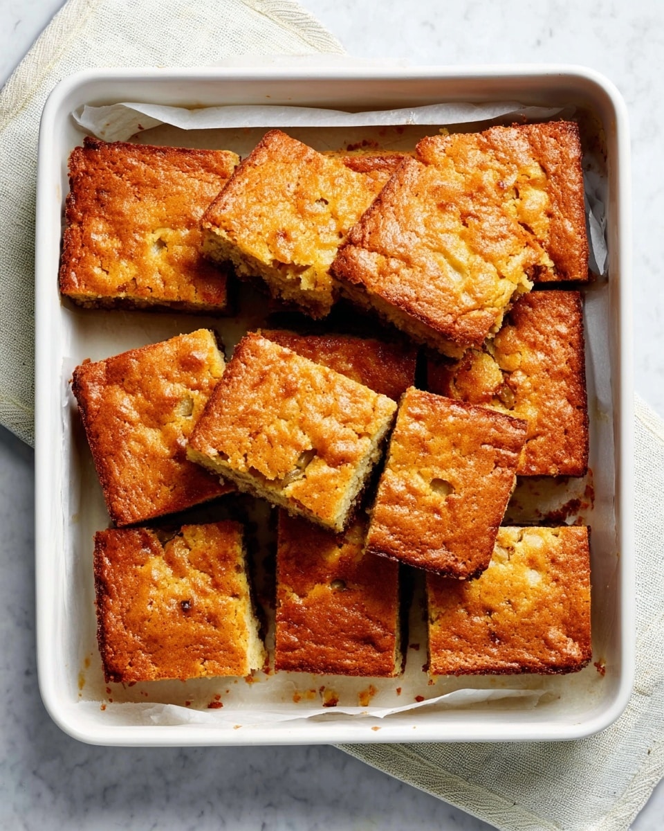 The image shows a white rectangular baking dish on a white marbled surface with a light cloth underneath. Inside the dish are ten square pieces of golden-brown cake with a slightly rough and textured top layer. The cake has a warm, lightly browned crust and a soft, moist inside that looks slightly grainy with small chunks of fruit or nuts evenly spread through the cake. Some pieces are stacked gently, showing the thickness of about one and a half inches. The edges of the dish have some crumbs, and the cake pieces fit neatly inside the dish, filling most of the space. photo taken with an iphone --ar 4:5 --v 7