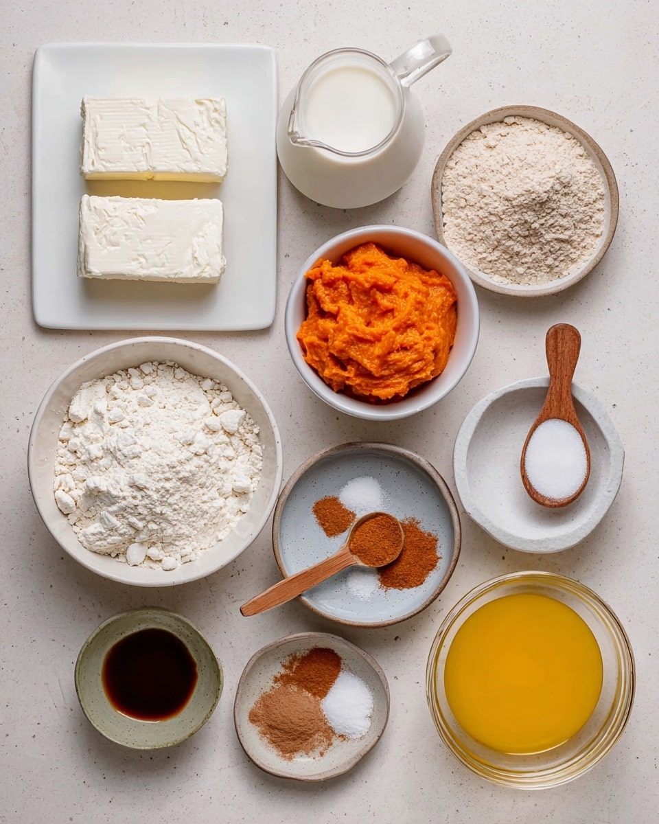 The image shows several ingredients placed on a white marbled surface. There are two blocks of white cream cheese on a white rectangular plate in the top left corner. Next to it is a small glass pitcher of white milk. Below the milk is a small white measuring cup filled with white sugar. To the right is a small white bowl filled with orange pumpkin puree. In the top right is a larger white bowl filled with light brown flour. Below the flour bowl is a small white bowl with brown cinnamon powder, and next to it is a small white bowl with dark vanilla extract. There is also a small gray bowl with a wooden spoon holding white salt, a small white bowl with light brown cinnamon, and a clear round glass bowl with melted yellow butter. The items are neatly arranged with even spacing. Photo taken with an iphone --ar 4:5 --v 7
