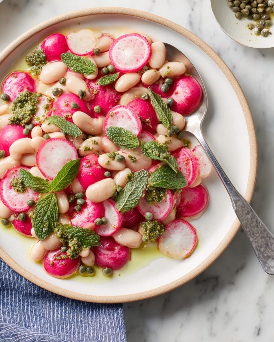 A close-up view of a dish served on a white plate with a beige rim, placed on a white marbled surface with a blue-striped cloth napkin under one side. The dish contains three layers: the base is white beans spread evenly, topped with bright pink whole radishes and thin, round slices of pinkish radishes scattered all over. Small green dollops of pesto sauce are spread in small clusters on top, with fresh green mint leaves and tiny capers sprinkled throughout. A silver spoon rests on the right edge of the plate with some beans around it. The dish looks fresh and colorful with contrasting textures and colors. Photo taken with an iphone --ar 4:5 --v 7